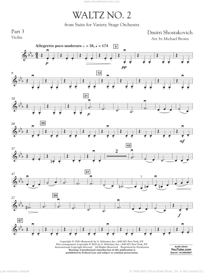 Waltz No. 2 (from Suite for Variety Stage Orchestra) (arr. Brown) sheet music for concert band (pt.3 - violin) by Dmitri Shostakovich and Michael Brown, classical score, intermediate skill level