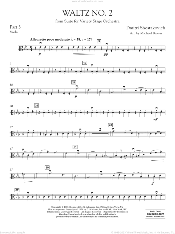 Waltz No. 2 (from Suite for Variety Stage Orchestra) (arr. Brown) sheet music for concert band (pt.3 - viola) by Dmitri Shostakovich and Michael Brown, classical score, intermediate skill level