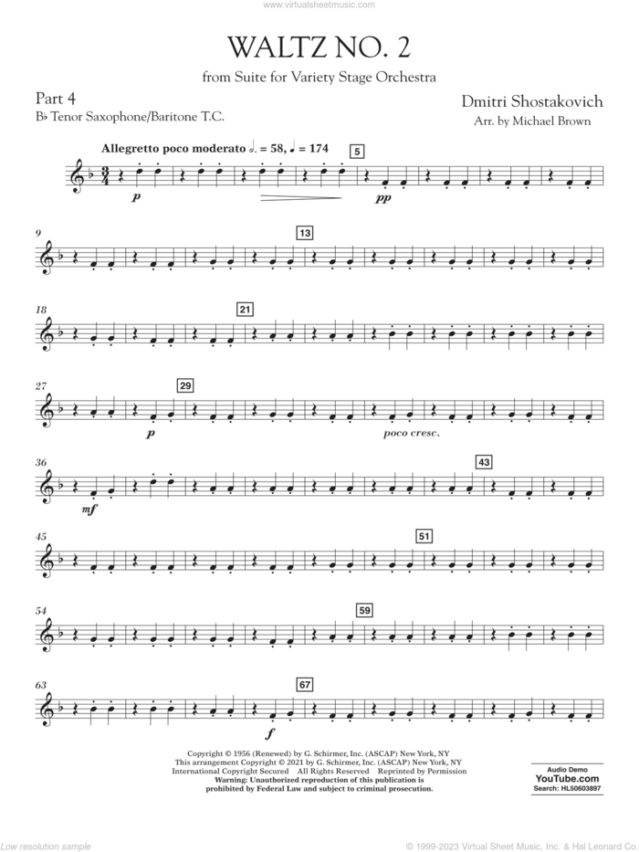 Waltz No. 2 (from Suite for Variety Stage Orchestra) (arr. Brown) sheet music for concert band (Bb tenor sax/bar. t.c.) by Dmitri Shostakovich and Michael Brown, classical score, intermediate skill level