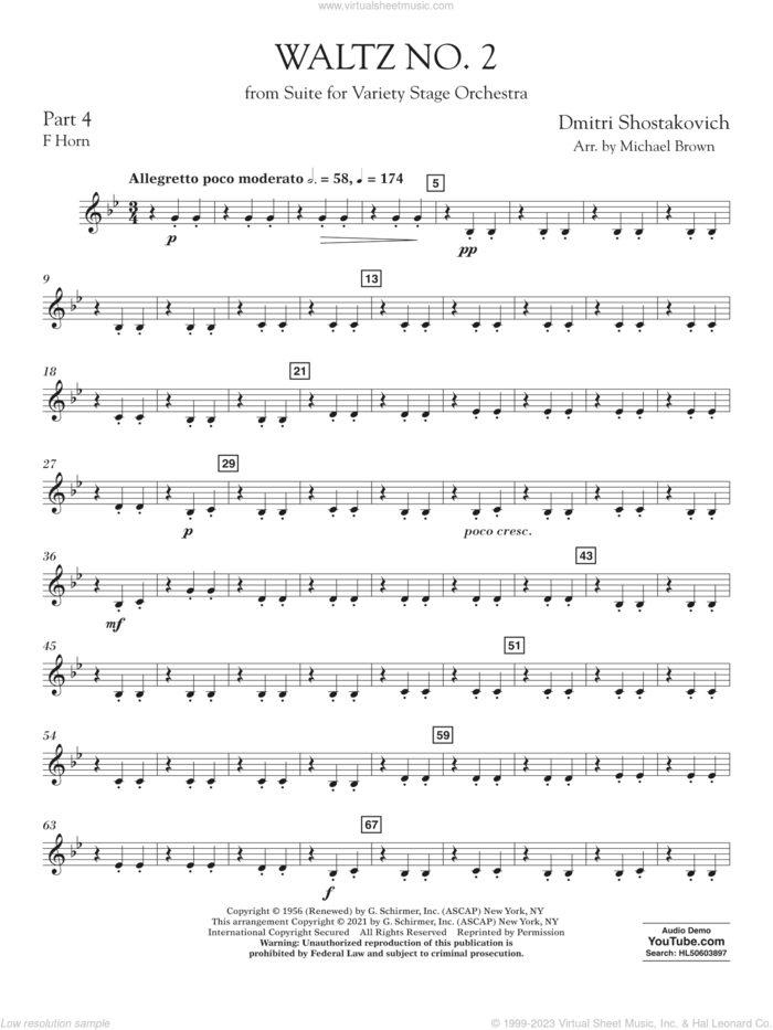 Waltz No. 2 (from Suite for Variety Stage Orchestra) (arr. Brown) sheet music for concert band (pt.4 - f horn) by Dmitri Shostakovich and Michael Brown, classical score, intermediate skill level