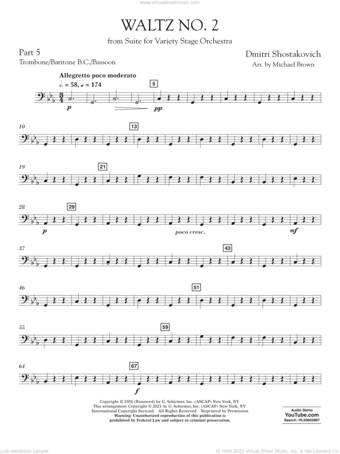 Waltz No. 2 (from Suite for Variety Stage Orchestra) (arr. Brown) sheet music for concert band (trombone/bar. b.c./bsn.) by Dmitri Shostakovich and Michael Brown, classical score, intermediate skill level
