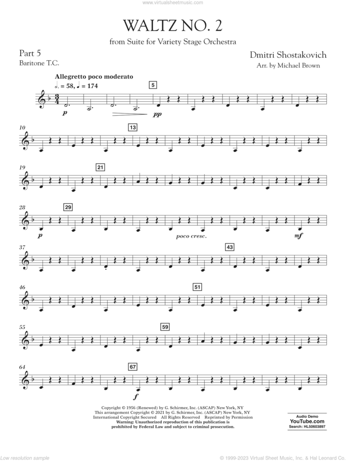 Waltz No. 2 (from Suite for Variety Stage Orchestra) (arr. Brown) sheet music for concert band (pt.5 - baritone t.c.) by Dmitri Shostakovich and Michael Brown, classical score, intermediate skill level