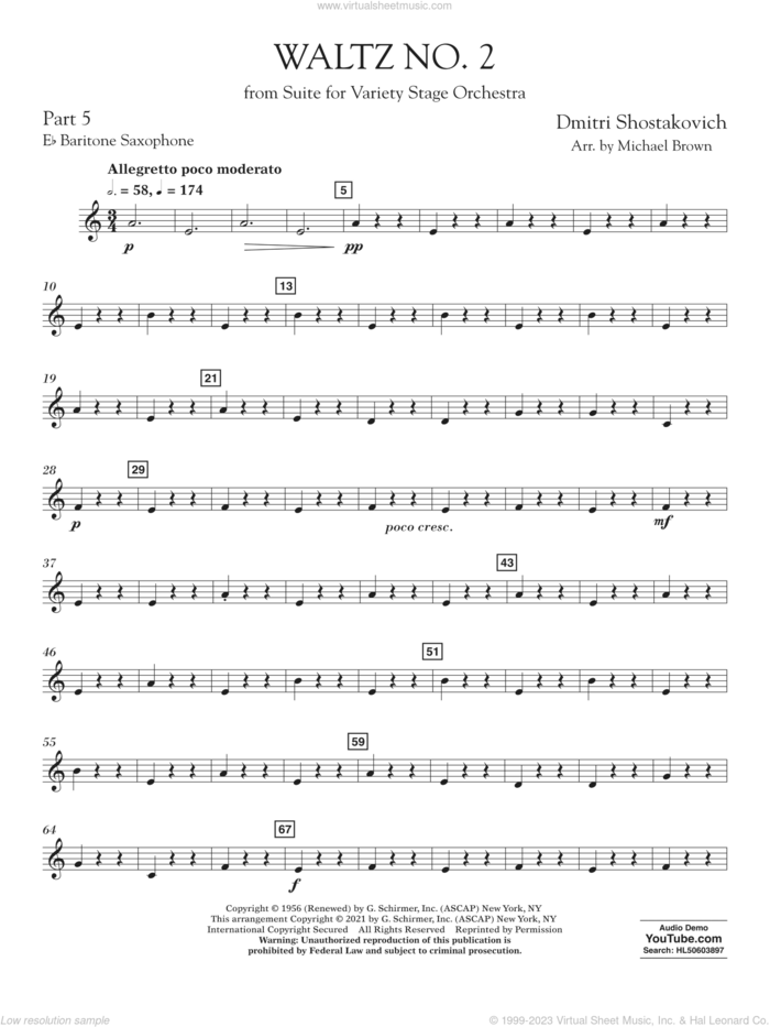 Waltz No. 2 (from Suite for Variety Stage Orchestra) (arr. Brown) sheet music for concert band (pt.5 - Eb baritone saxophone) by Dmitri Shostakovich and Michael Brown, classical score, intermediate skill level