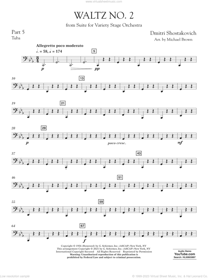 Waltz No. 2 (from Suite for Variety Stage Orchestra) (arr. Brown) sheet music for concert band (pt.5 - tuba) by Dmitri Shostakovich and Michael Brown, classical score, intermediate skill level
