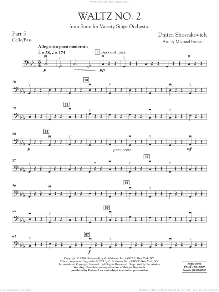 Waltz No. 2 (from Suite for Variety Stage Orchestra) (arr. Brown) sheet music for concert band (cello/bass) by Dmitri Shostakovich and Michael Brown, classical score, intermediate skill level