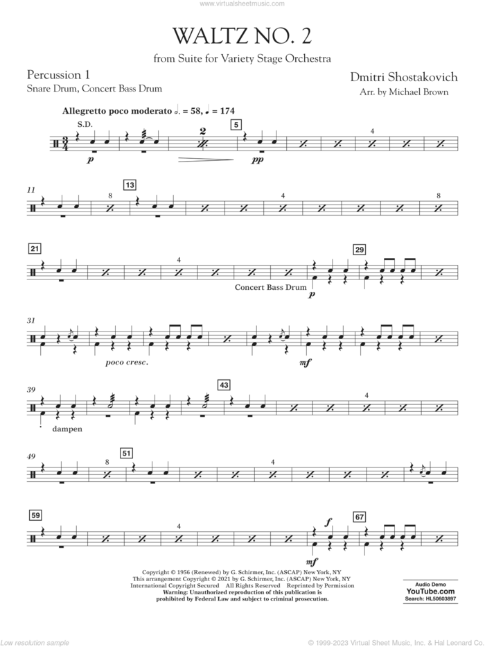 Waltz No. 2 (from Suite for Variety Stage Orchestra) (arr. Brown) sheet music for concert band (percussion 1) by Dmitri Shostakovich and Michael Brown, classical score, intermediate skill level