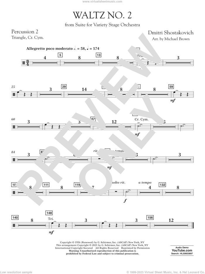 Waltz No. 2 (from Suite for Variety Stage Orchestra) (arr. Brown) sheet music for concert band (percussion 2) by Dmitri Shostakovich and Michael Brown, classical score, intermediate skill level