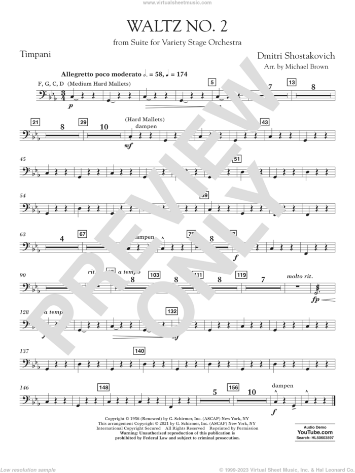 Waltz No. 2 (from Suite for Variety Stage Orchestra) (arr. Brown) sheet music for concert band (timpani) by Dmitri Shostakovich and Michael Brown, classical score, intermediate skill level