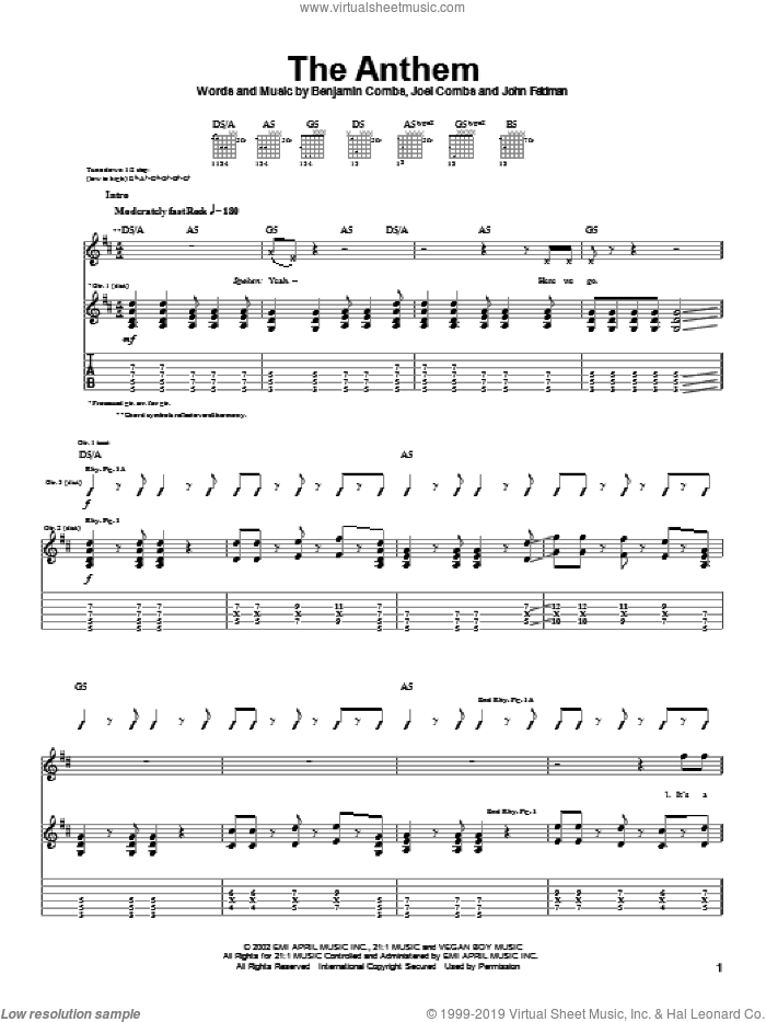 The Anthem sheet music for guitar (tablature) by Good Charlotte, Benjamin Combs, Joel Combs and John Feldmann, intermediate skill level