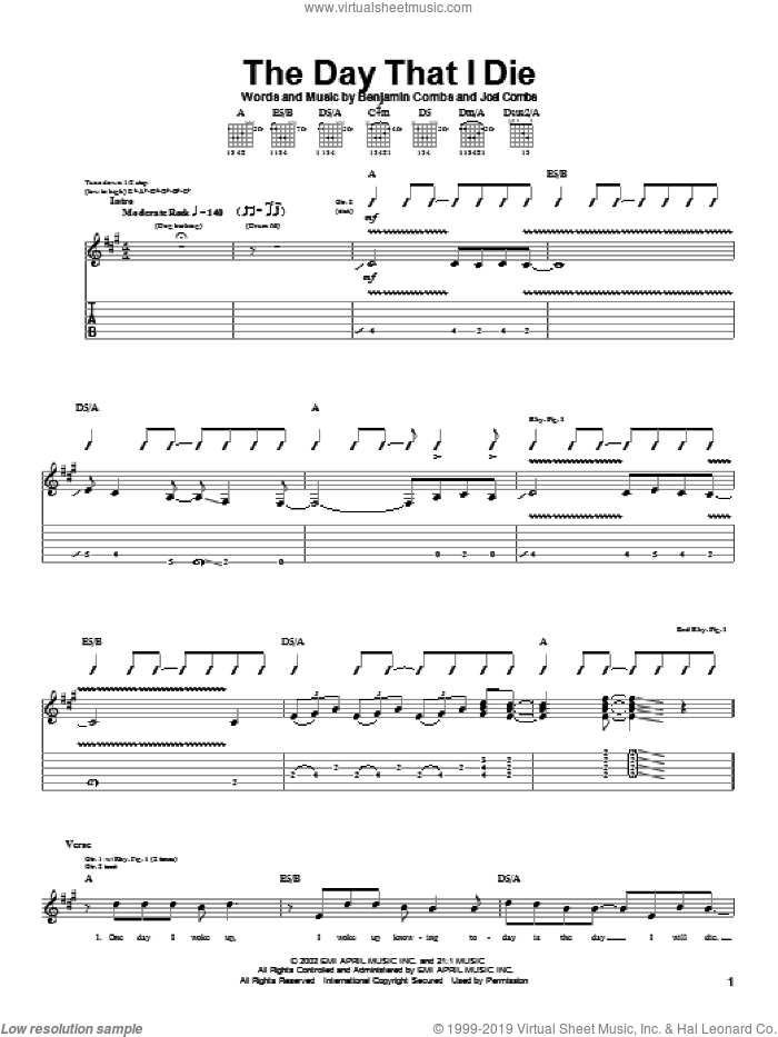 The Day That I Die sheet music for guitar (tablature) by Good Charlotte, Benjamin Combs and Joel Combs, intermediate skill level