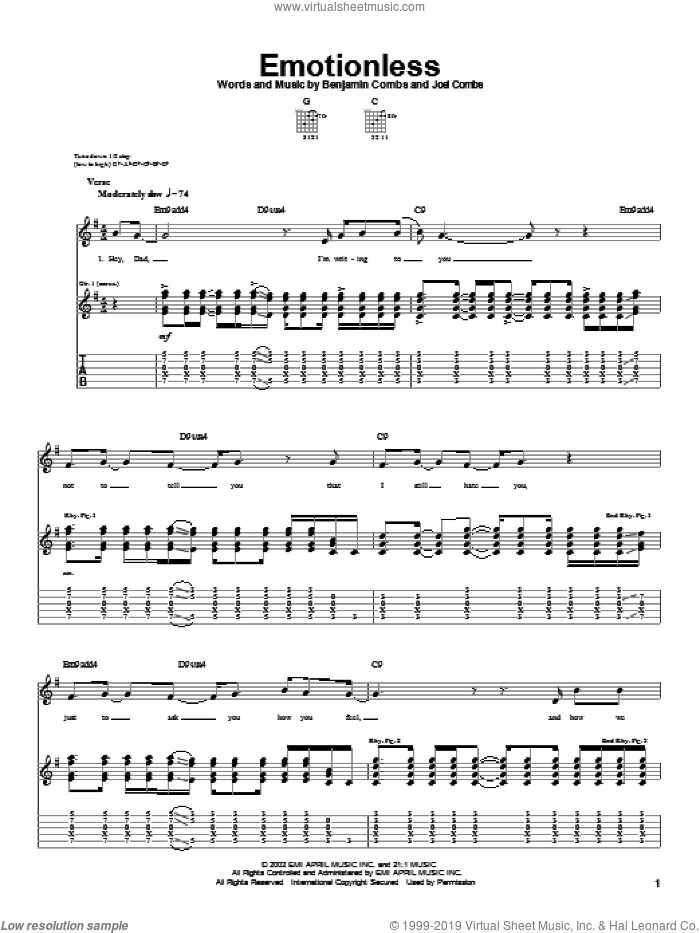 Emotionless sheet music for guitar (tablature) by Good Charlotte, Benjamin Combs and Joel Combs, intermediate skill level