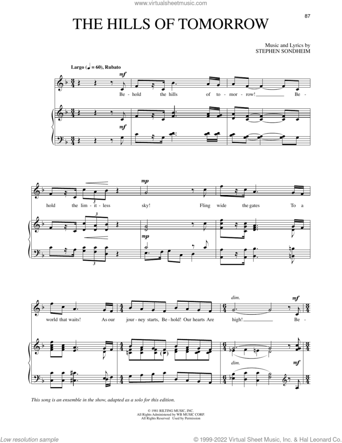 The Hills Of Tomorrow (from Merrily We Roll Along) sheet music for voice and piano by Stephen Sondheim, intermediate skill level