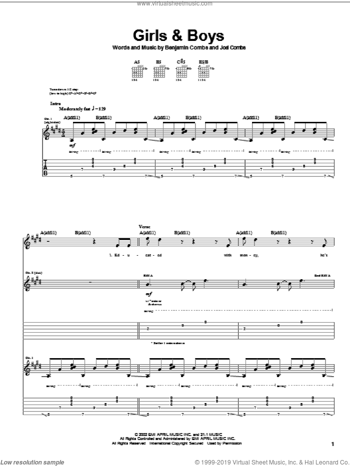 Girls and Boys sheet music for guitar (tablature) by Good Charlotte, Benjamin Combs and Joel Combs, intermediate skill level
