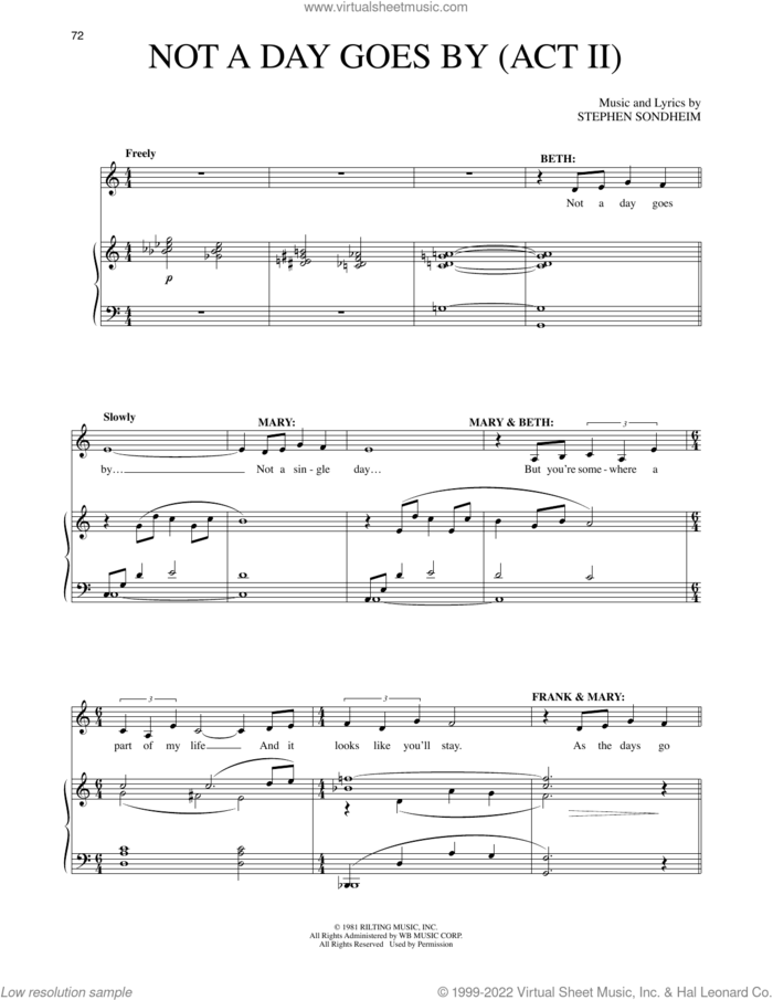 Not A Day Goes By (Act II) (from Merrily We Roll Along) sheet music for voice and piano by Stephen Sondheim and Carly Simon, intermediate skill level