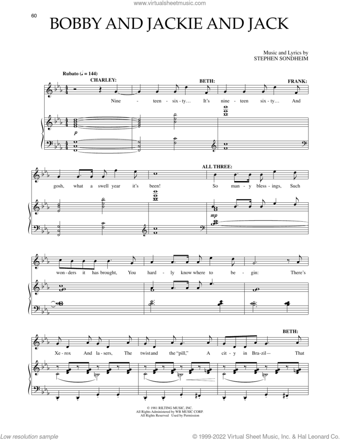 Bobby And Jackie And Jack (from Merrily We Roll Along) sheet music for voice and piano by Stephen Sondheim, intermediate skill level