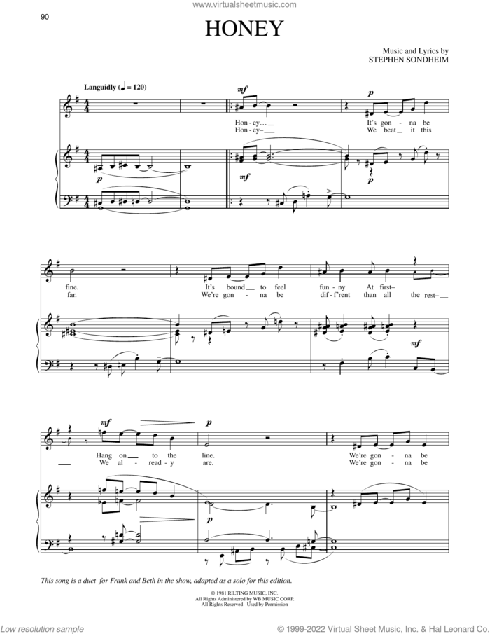 Honey (from Merrily We Roll Along) sheet music for voice and piano by Stephen Sondheim, intermediate skill level