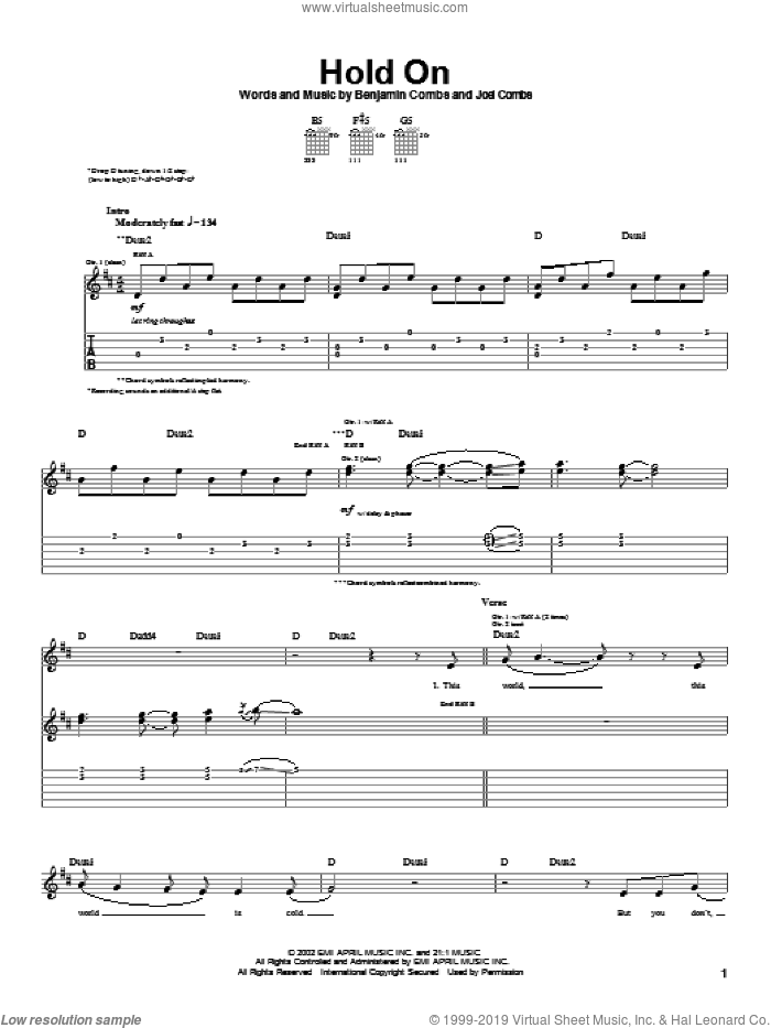 Hold On sheet music for guitar (tablature) by Good Charlotte, Benjamin Combs and Joel Combs, intermediate skill level
