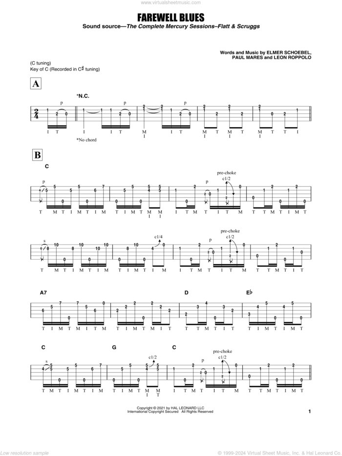 Farewell Blues sheet music for banjo solo by Flatt & Scruggs, Earl Scruggs, Elmer Schoebel, Leon Roppolo and Paul Mares, intermediate skill level