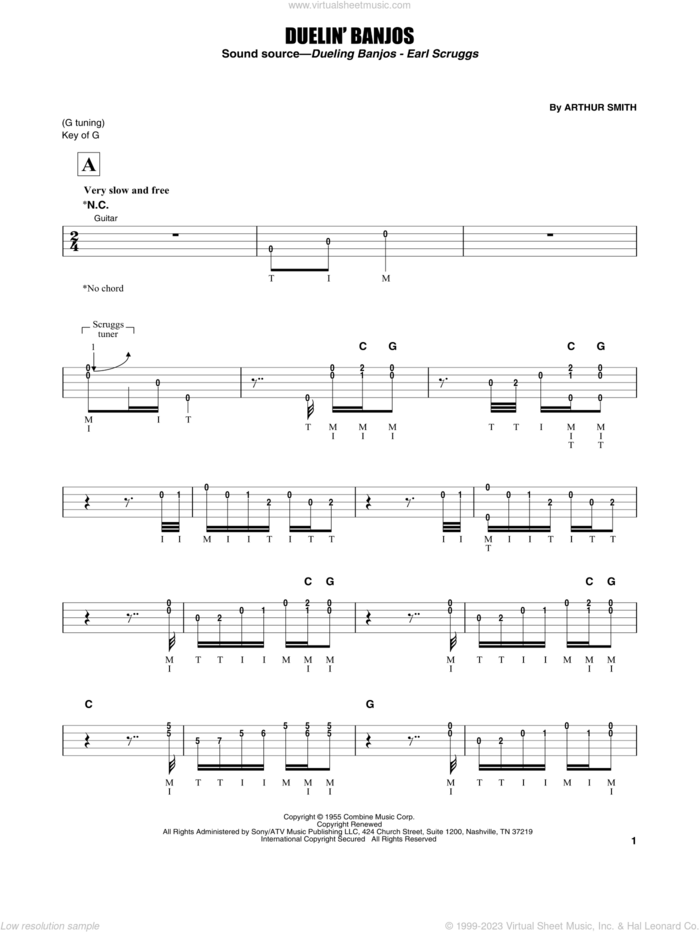 Duelin' Banjos sheet music for banjo solo by Earl Scruggs and Arthur Smith, intermediate skill level