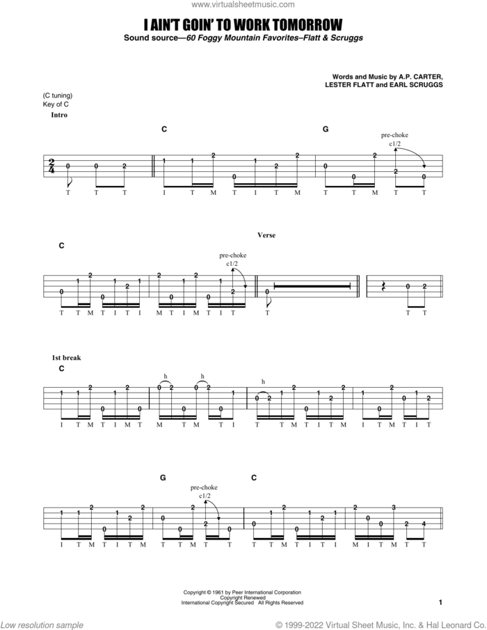 I Ain't Goin' To Work Tomorrow sheet music for banjo solo by Earl Scruggs, A.P. Carter and Lester Flatt, intermediate skill level