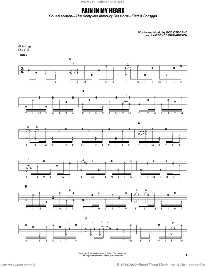Pain In My Heart sheet music for banjo solo by Flatt & Scruggs, Earl Scruggs, Bob Osborne and Lawrence Richardson, intermediate skill level