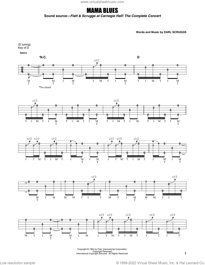 Mama Blues sheet music for banjo solo by Flatt & Scruggs and Earl Scruggs, intermediate skill level