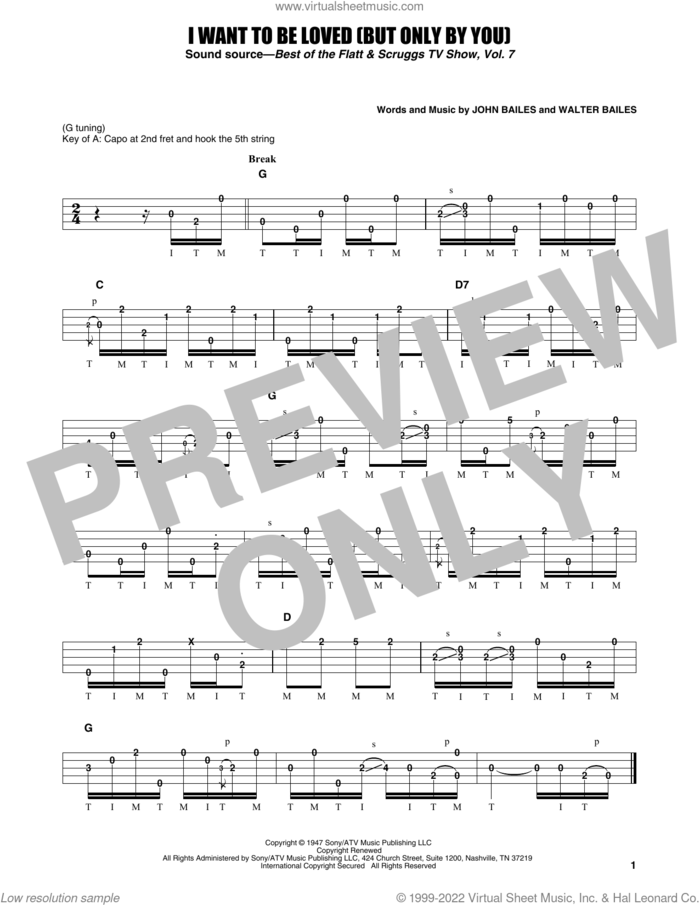 I Want To Be Loved (But Only By You) sheet music for banjo solo by Earl Scruggs, John Bailes and Walter Bailes, intermediate skill level