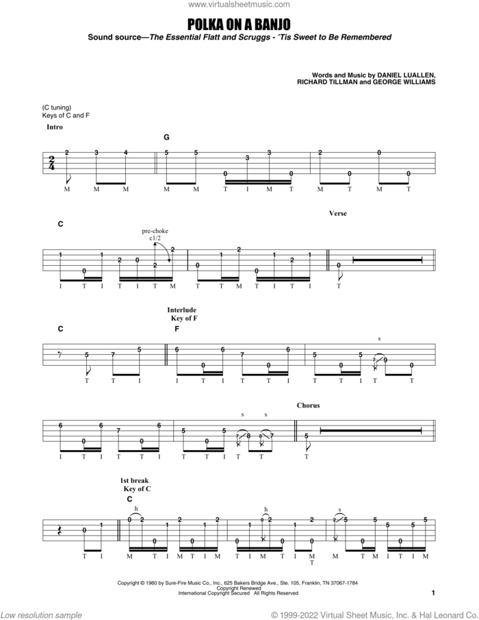 Polka On A Banjo sheet music for banjo solo by Flatt & Scruggs, Earl Scruggs, Daniel Luallen, George Williams and Richard Tillman, intermediate skill level