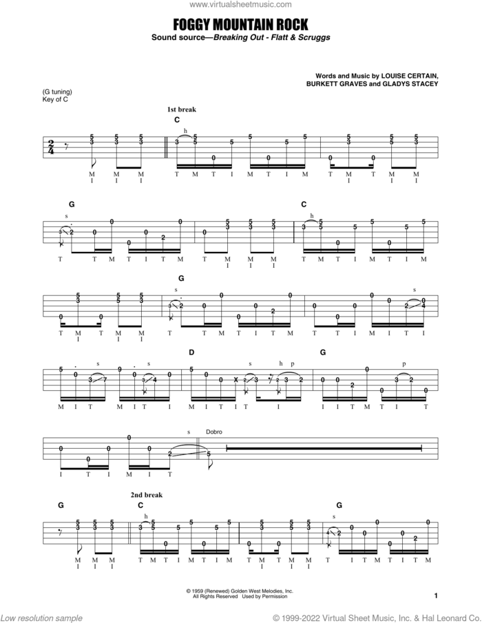 Foggy Mountain Rock sheet music for banjo solo by Flatt & Scruggs, Earl Scruggs, Burkett Graves, Gladys Stacey and Louise Certain, intermediate skill level