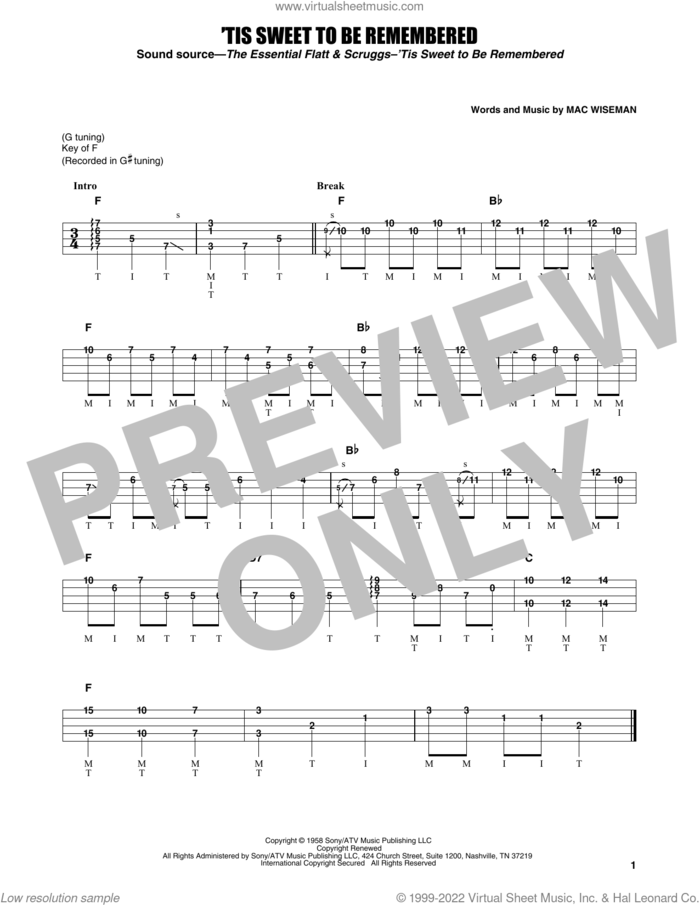 'Tis Sweet To Be Remembered sheet music for banjo solo by Flatt & Scruggs, Earl Scruggs and Mac Wiseman, intermediate skill level