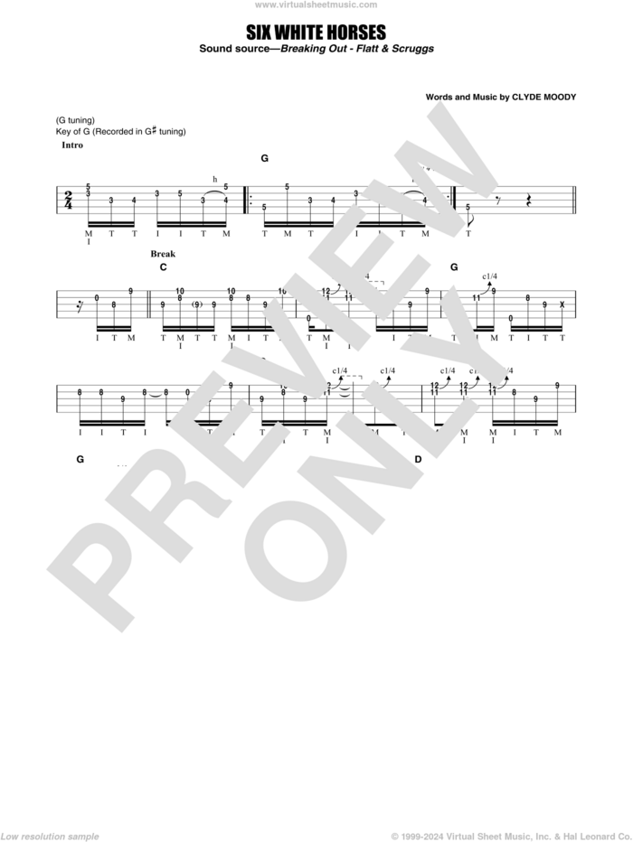 Six White Horses sheet music for banjo solo by Flatt & Scruggs, Earl Scruggs and Clyde Moody, intermediate skill level