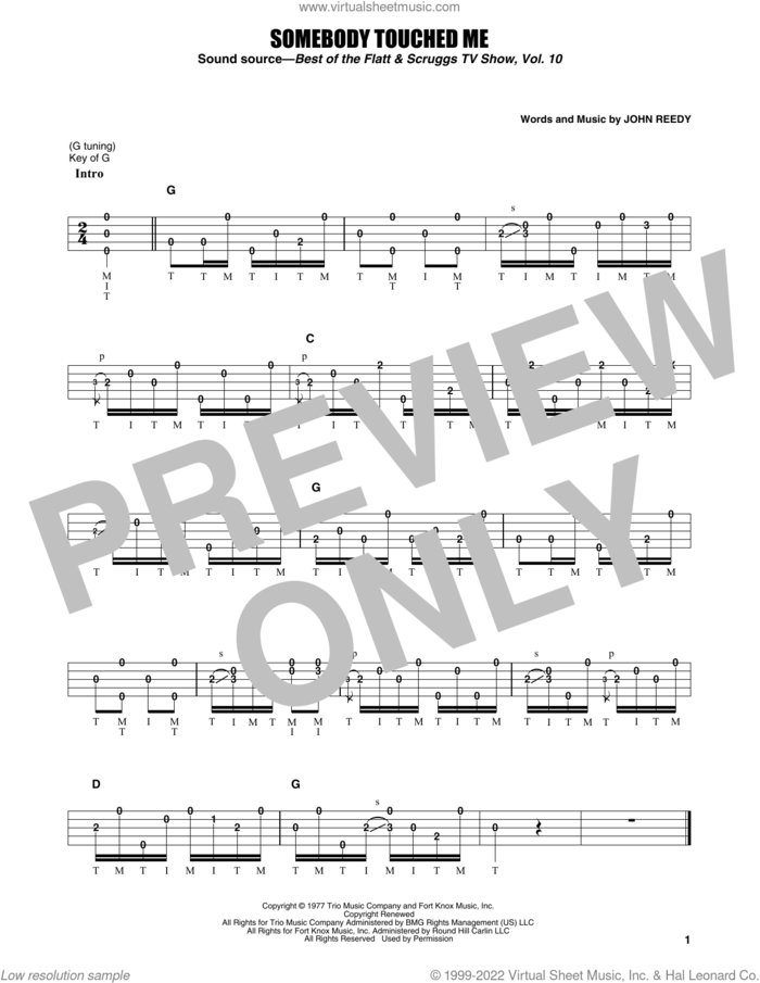 Somebody Touched Me sheet music for banjo solo by Earl Scruggs and John Reedy, intermediate skill level