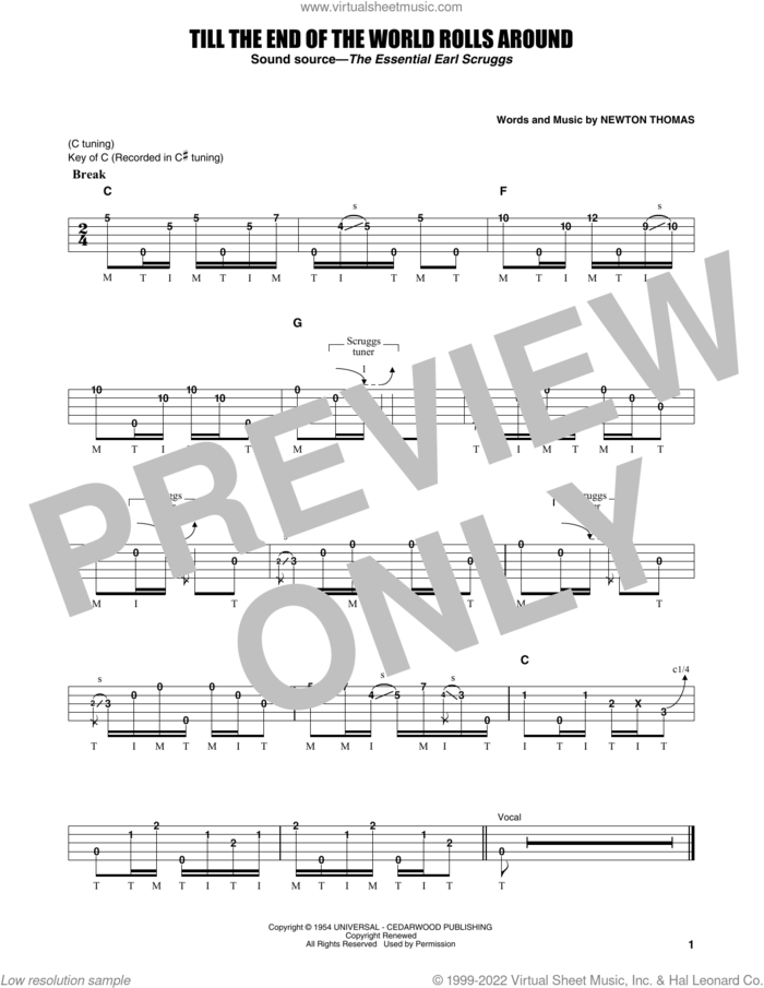 Till The End Of The World Rolls Around sheet music for banjo solo by Flatt & Scruggs, Earl Scruggs and Newton Thomas, intermediate skill level