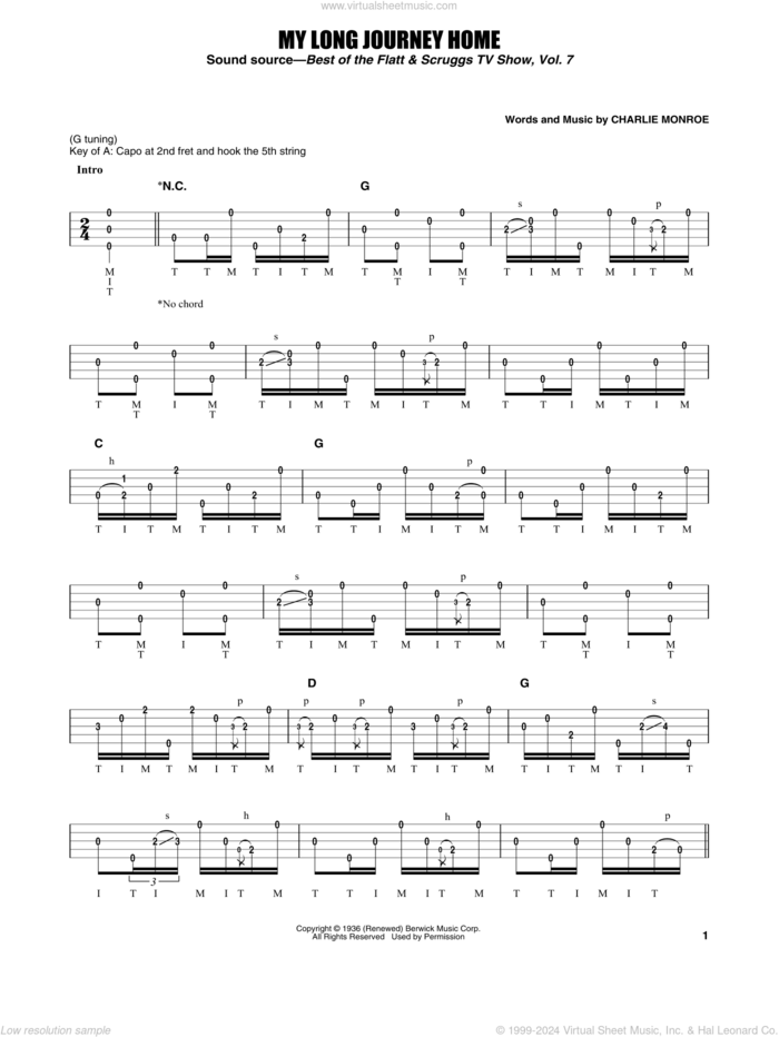 My Long Journey Home sheet music for banjo solo by Earl Scruggs, Monroe Brothers and Charlie Monroe, intermediate skill level