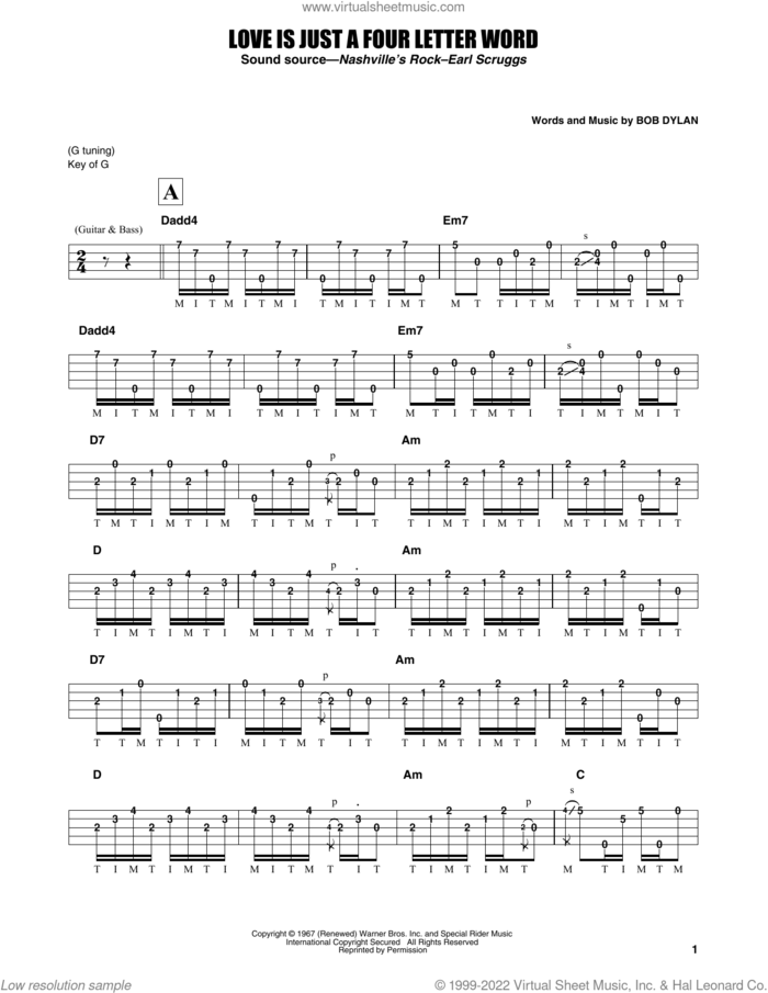Love Is Just A Four Letter Word sheet music for banjo solo by Earl Scruggs, Joan Baez and Bob Dylan, intermediate skill level