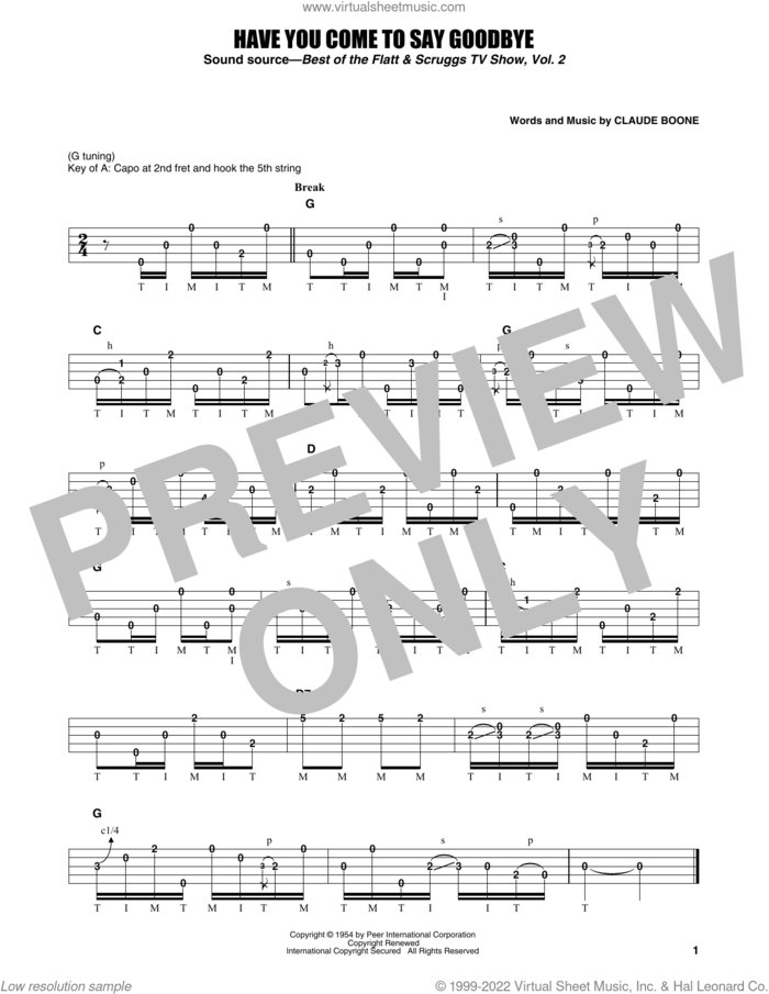 Have You Come To Say Goodbye sheet music for banjo solo by Flatt & Scruggs, Earl Scruggs and Claude Boone, intermediate skill level