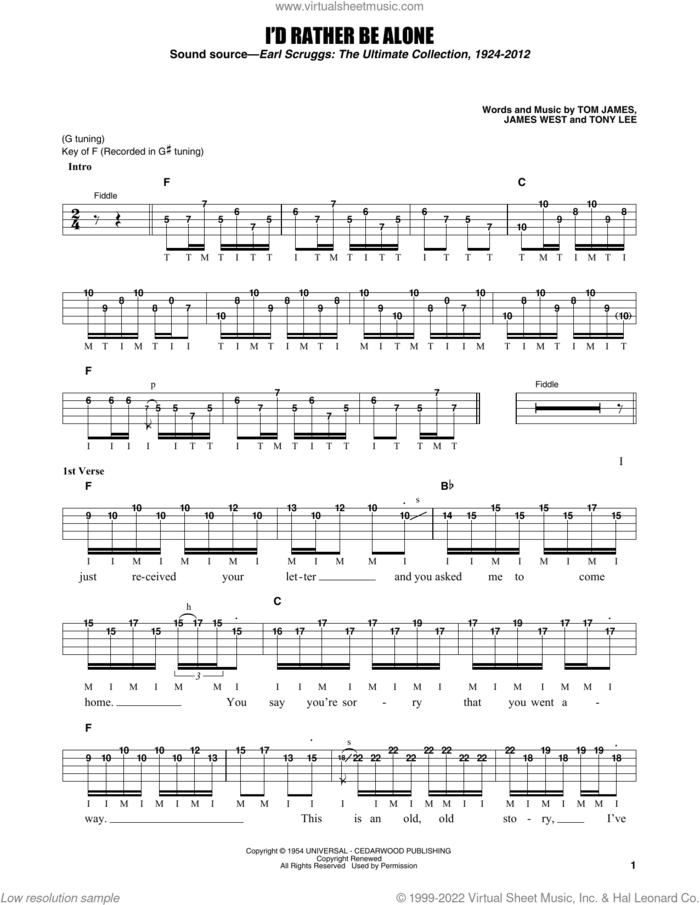 I'd Rather Be Alone sheet music for banjo solo by Flatt & Scruggs, Earl Scruggs, James West, Tommy James and Tony Lee, intermediate skill level