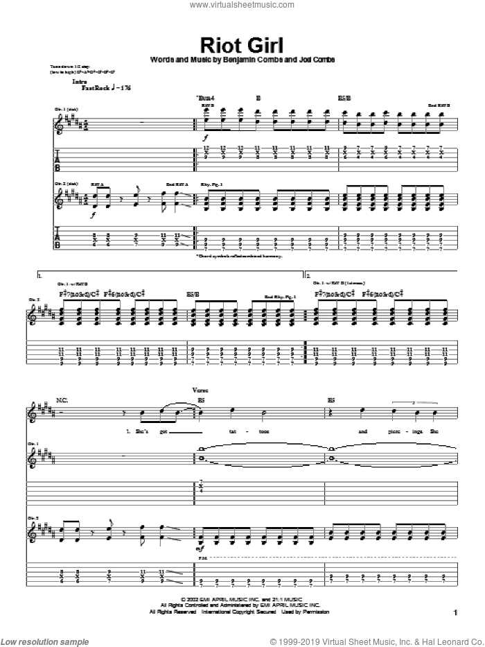 Riot Girl sheet music for guitar (tablature) by Good Charlotte, Benjamin Combs and Joel Combs, intermediate skill level