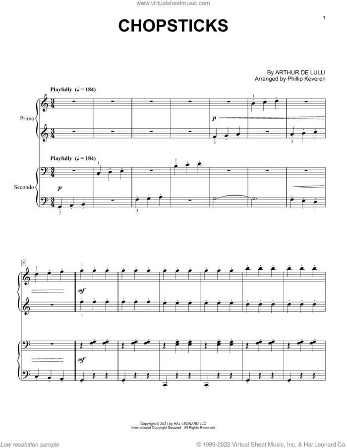 Chopsticks (arr. Phillip Keveren) sheet music for piano four hands by Arthur de Lulli and Phillip Keveren, intermediate skill level