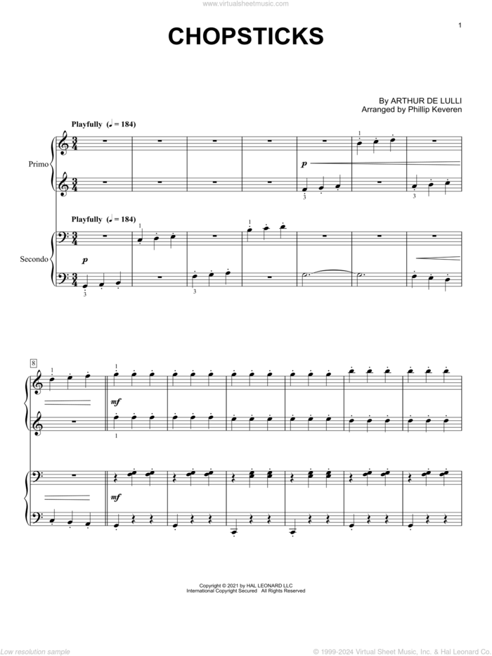 Chopsticks (arr. Phillip Keveren) sheet music for piano four hands by Arthur de Lulli and Phillip Keveren, intermediate skill level