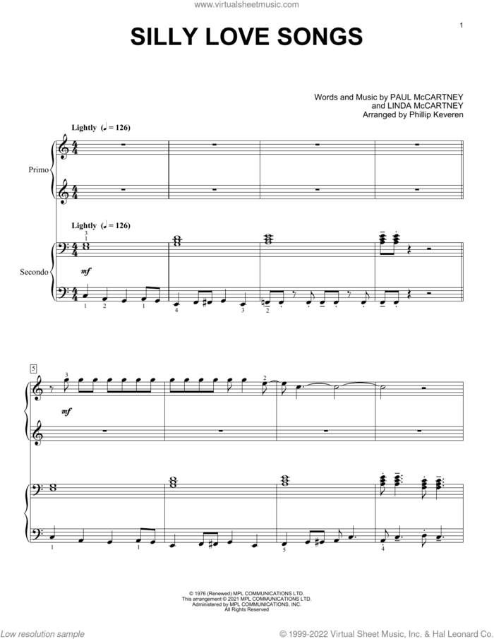 Silly Love Songs (arr. Phillip Keveren) sheet music for piano four hands by Wings, Phillip Keveren, Linda McCartney and Paul McCartney, intermediate skill level