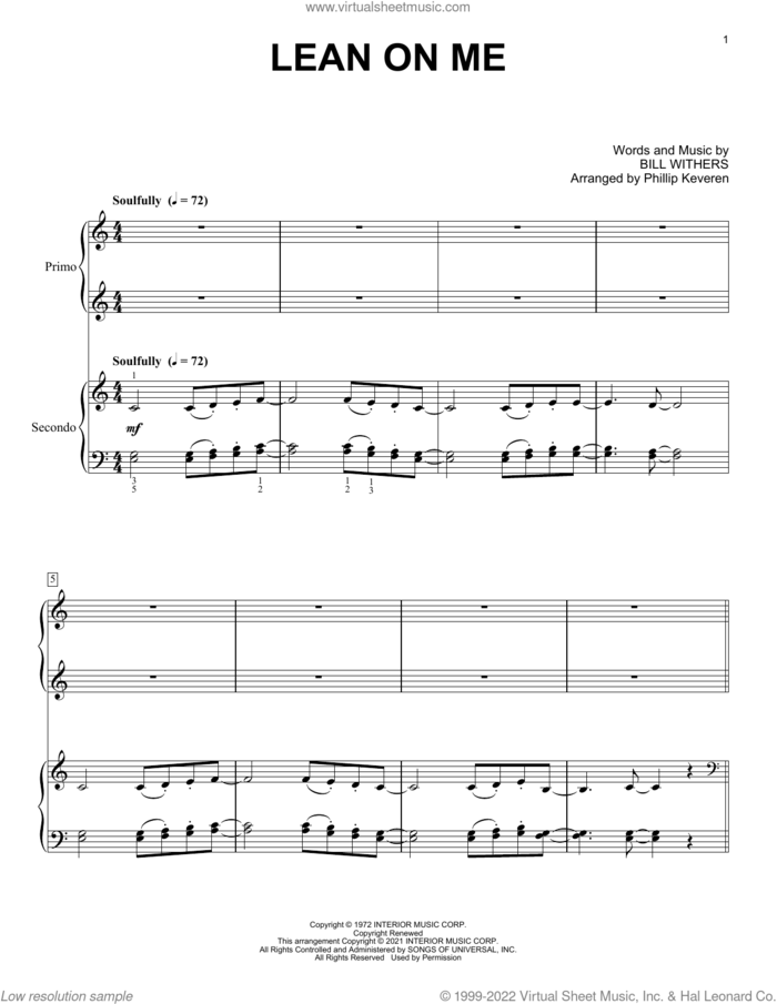 Lean On Me (arr. Phillip Keveren) sheet music for piano four hands by Bill Withers and Phillip Keveren, intermediate skill level
