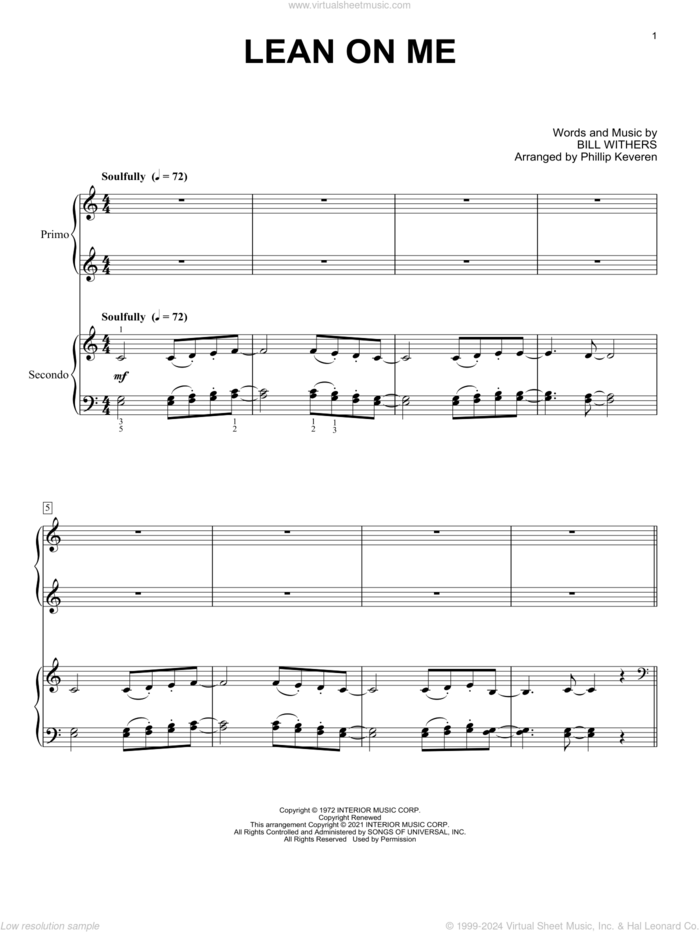 Lean On Me (arr. Phillip Keveren) sheet music for piano four hands by Bill Withers and Phillip Keveren, intermediate skill level