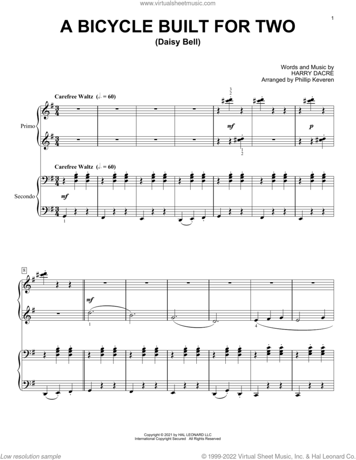 A Bicycle Built For Two (Daisy Bell) (arr. Phillip Keveren) sheet music for piano four hands by Harry Dacre and Phillip Keveren, intermediate skill level