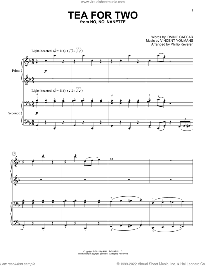 Tea For Two (arr. Phillip Keveren) sheet music for piano four hands by Vincent Youmans, Phillip Keveren and Irving Caesar, intermediate skill level