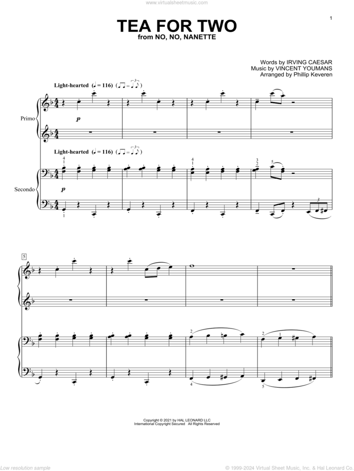 Tea For Two (arr. Phillip Keveren) sheet music for piano four hands by Vincent Youmans, Phillip Keveren and Irving Caesar, intermediate skill level