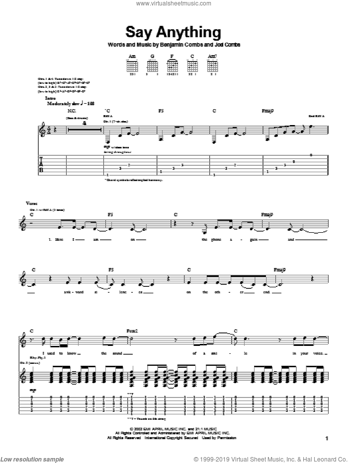 Say Anything sheet music for guitar (tablature) by Good Charlotte, Benjamin Combs and Joel Combs, intermediate skill level