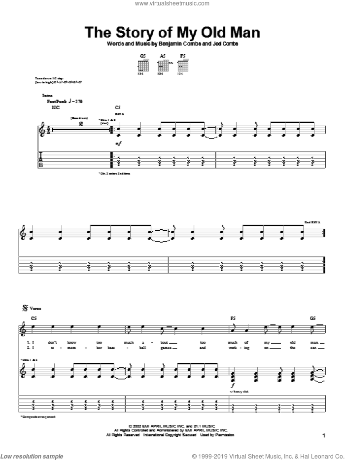 The Story Of My Old Man sheet music for guitar (tablature) by Good Charlotte, Benjamin Combs and Joel Combs, intermediate skill level