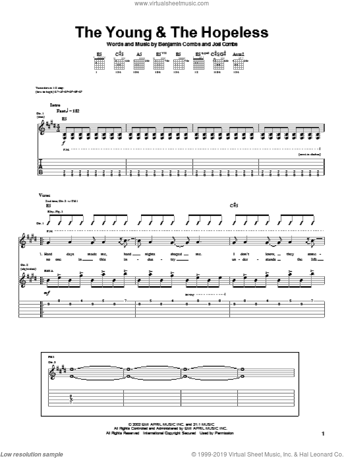 The Young and The Hopeless sheet music for guitar (tablature) by Good Charlotte, Benjamin Combs and Joel Combs, intermediate skill level