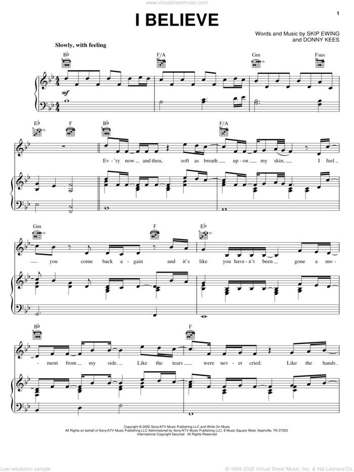 I Believe sheet music for voice, piano or guitar by Diamond Rio, Donny Kees and Skip Ewing, intermediate skill level